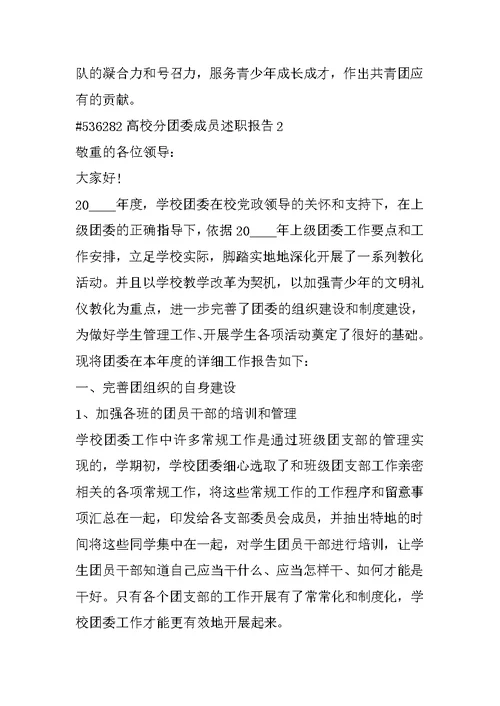 大学分团委成员述职报告