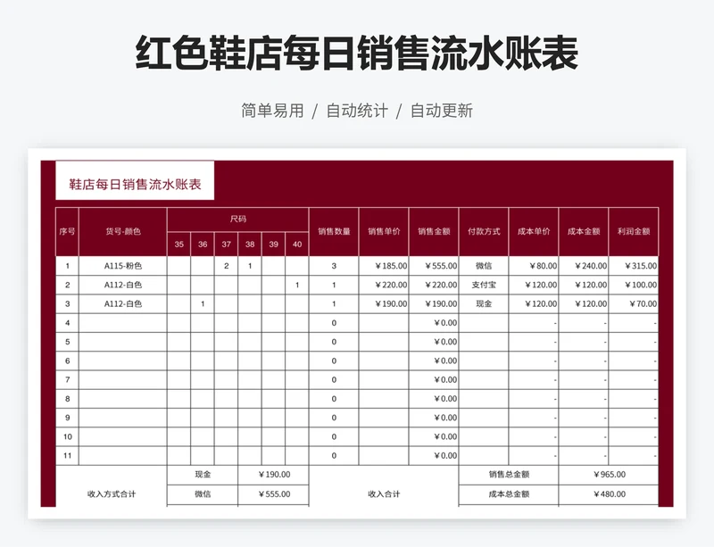 红色鞋店每日销售流水账表