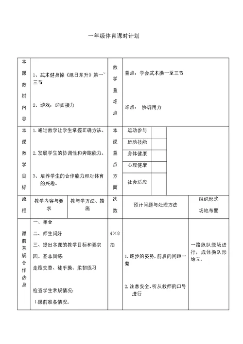 一年级体育课时计划