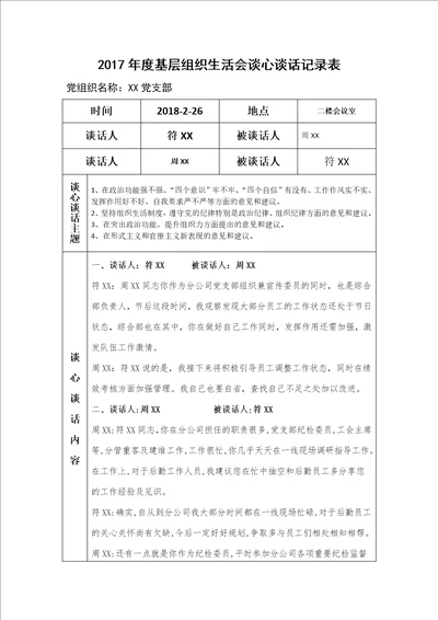 基层组织生活会谈心谈话记录表