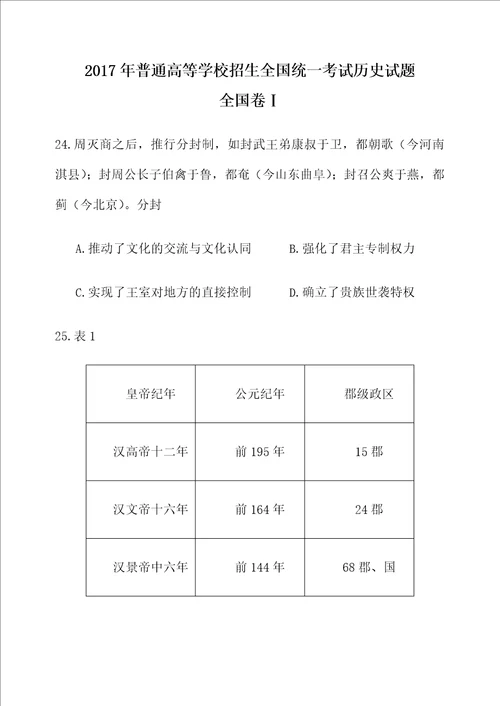 2017年全国高考文综试题及答案全国卷1