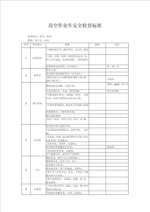 高空作业车安全检查标准