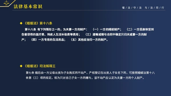 黄蓝双色简约商务大气知法懂法与法同行公司法律知识讲座宣传PP世界法律日