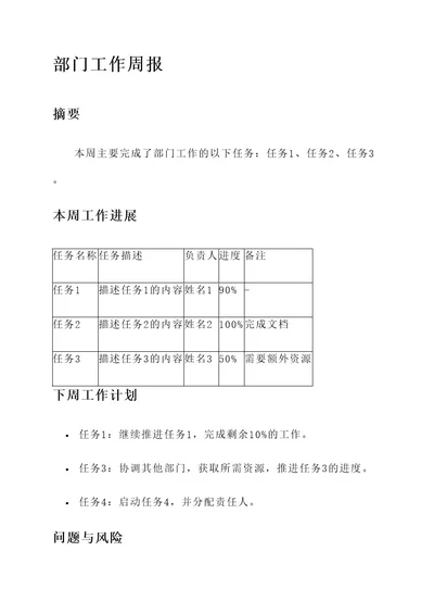 部门工作周报excel内容