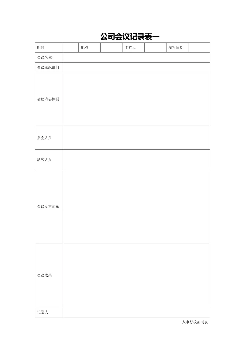 公司会议记录表行政人事管理
