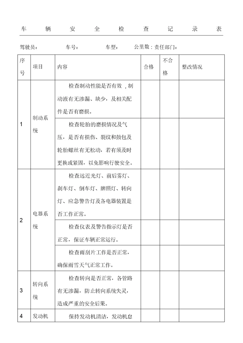 车辆安全检查记录表格模板