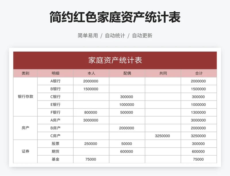 简约红色家庭资产统计表