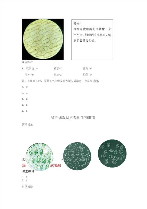 浙江省科学作业本2022年六年级上册作业本参考答案