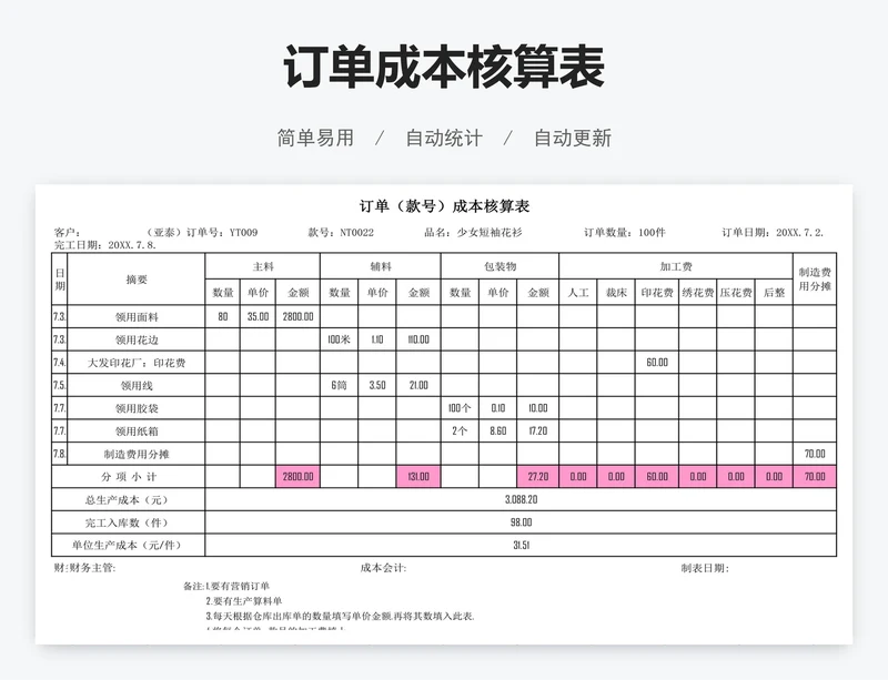 订单成本核算表