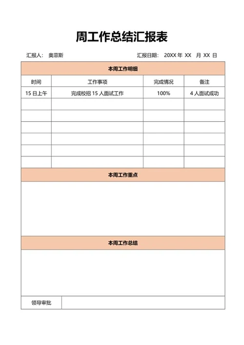 橘色人事周工作总结汇报word模板