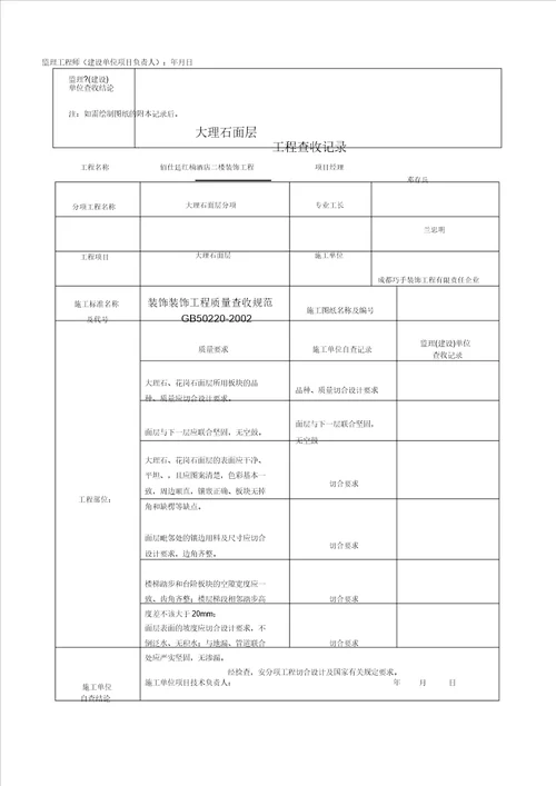 装饰装修工程验收记录表格