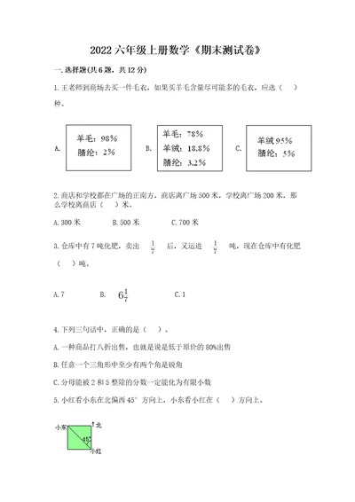 2022六年级上册数学《期末测试卷》满分必刷