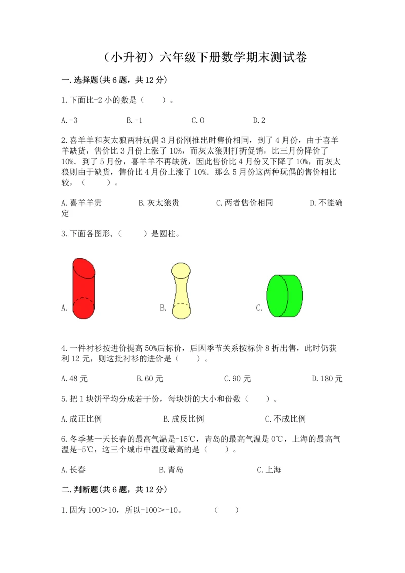 （小升初）六年级下册数学期末测试卷精品加答案.docx