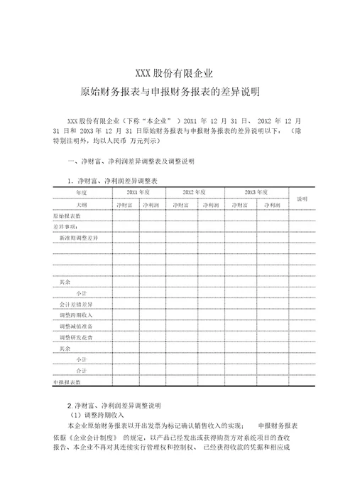 审计报告原始财务报表与申报报表差异原因说明