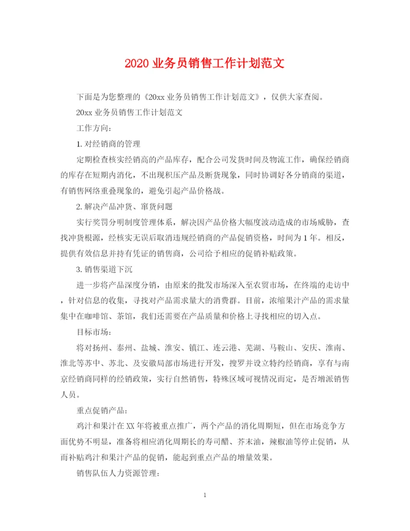 精编之业务员销售工作计划范文.docx