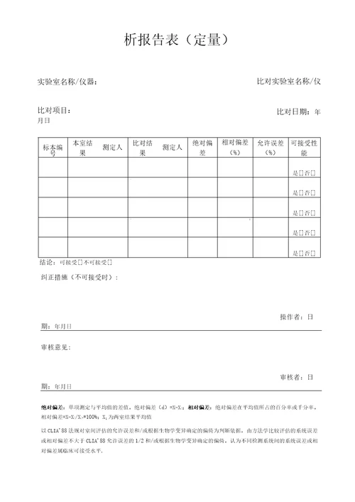 实验室间及实验室内部比对试验结果记录及分析报告表