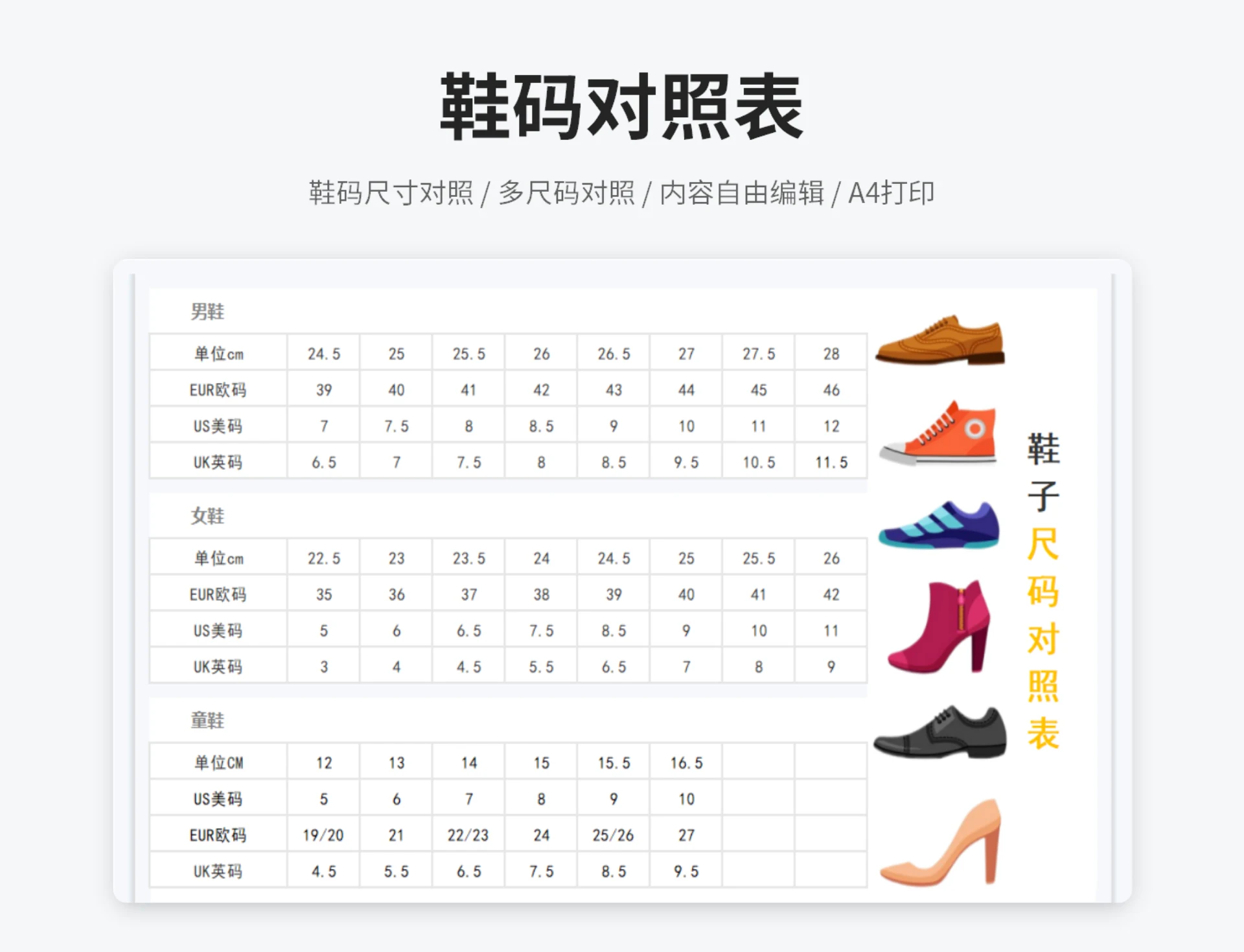 鞋码对照表