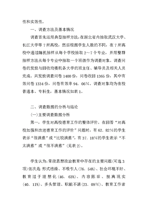 关于大学生对高校德育工作满意度的调查与分析——基于湖北高校1334名大学生的问卷调查