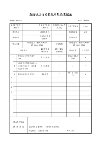 系统试运行检验批质量验收记录