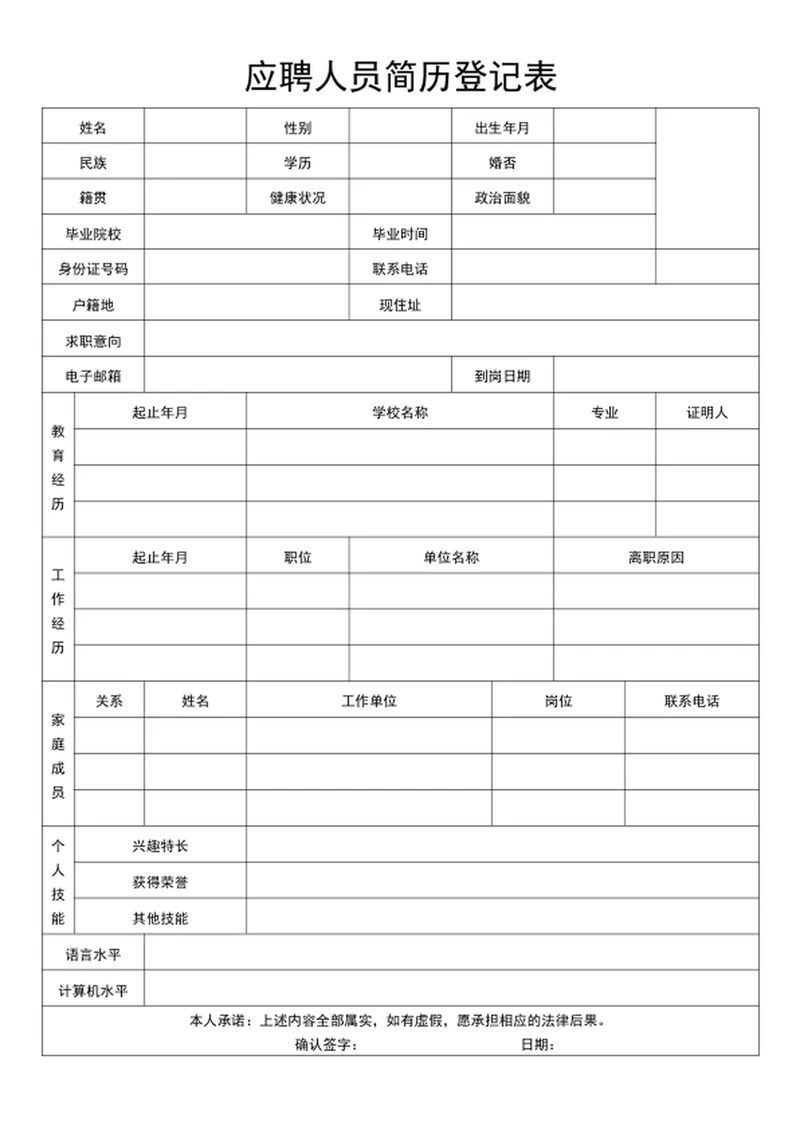 应聘人员简历登记表