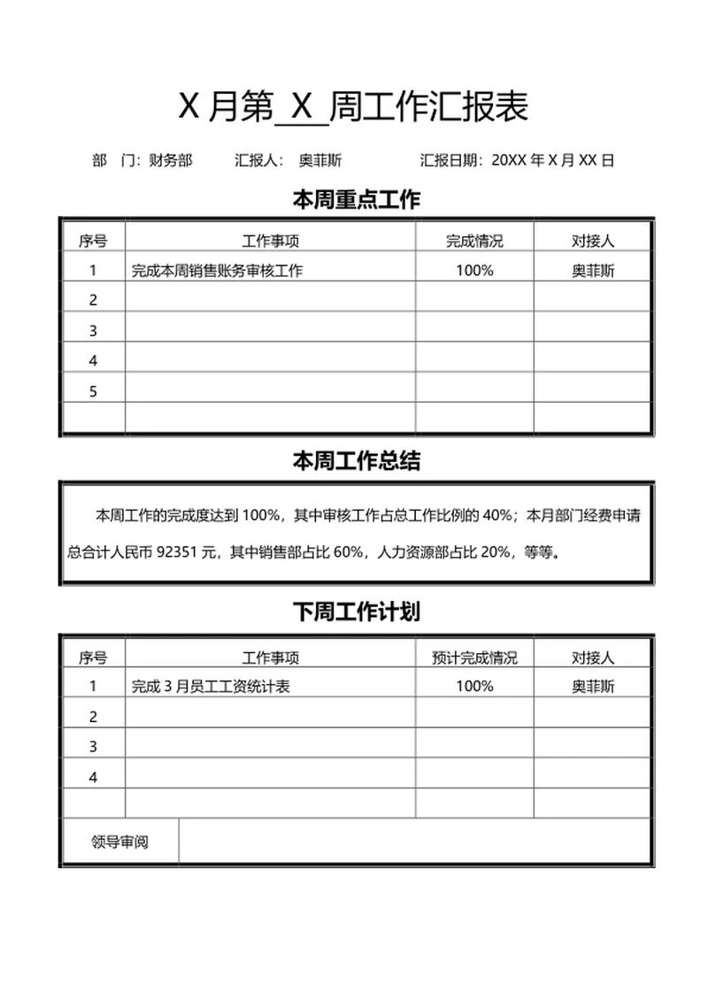 财务部工作计划汇报表word模板
