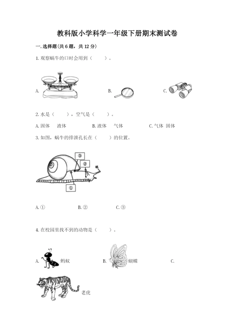 教科版小学科学一年级下册期末测试卷及答案（夺冠系列）.docx