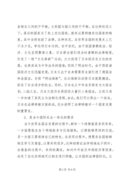 关于我国的法律移植问题浅探演讲范文.docx