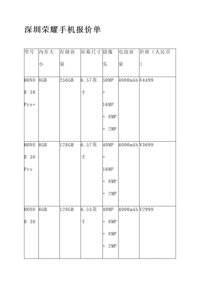 深圳荣耀手机报价单