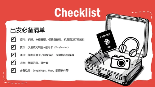 红蓝撕拉手账风法国旅游攻略ppt模板