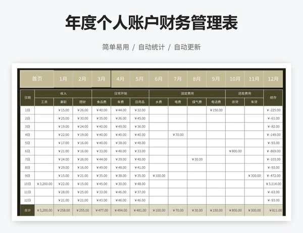年度个人账户财务管理表