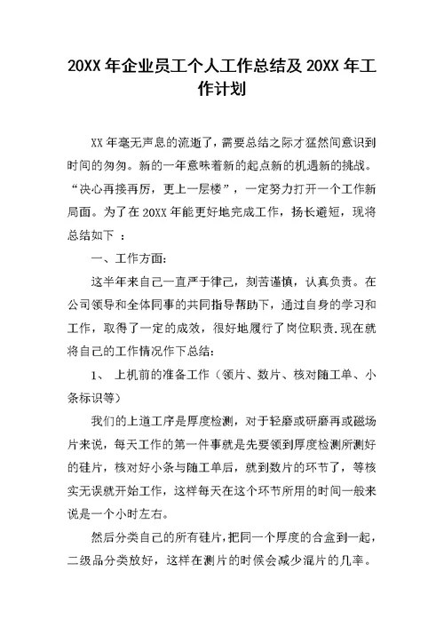 20XX年企业员工个人工作总结及20XX年工作计划