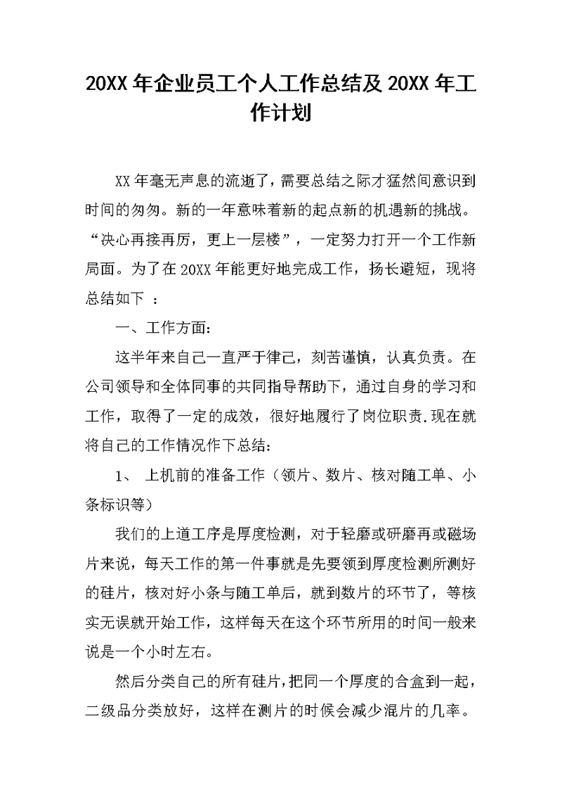20XX年企业员工个人工作总结及20XX年工作计划