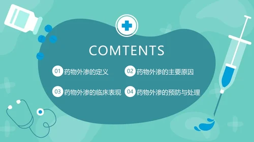 绿色卡通药物外渗的预防与处理PPT模板宣传PPT动态PPT输液外渗的处理方法