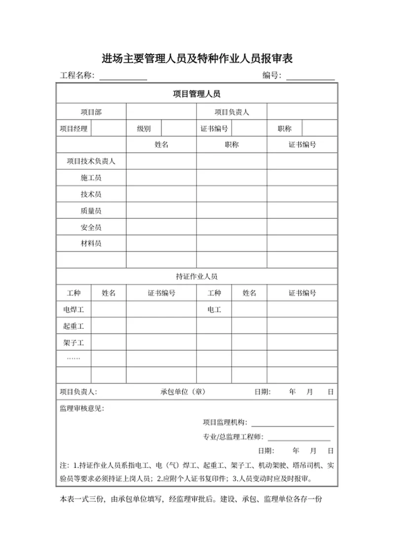 进场主要管理人员及特种作业人员报审表