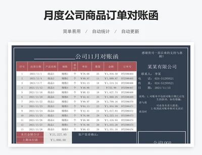 月度公司商品订单对账函
