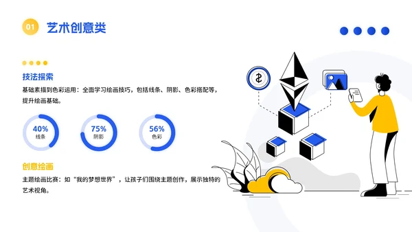 蓝黄色简约插画风暑假活动PPT模板