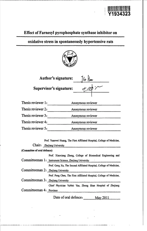 法尼基焦磷酸合酶的干扰对自发性高血压大鼠氧化应激的影响内科学心血管病专业毕业论文