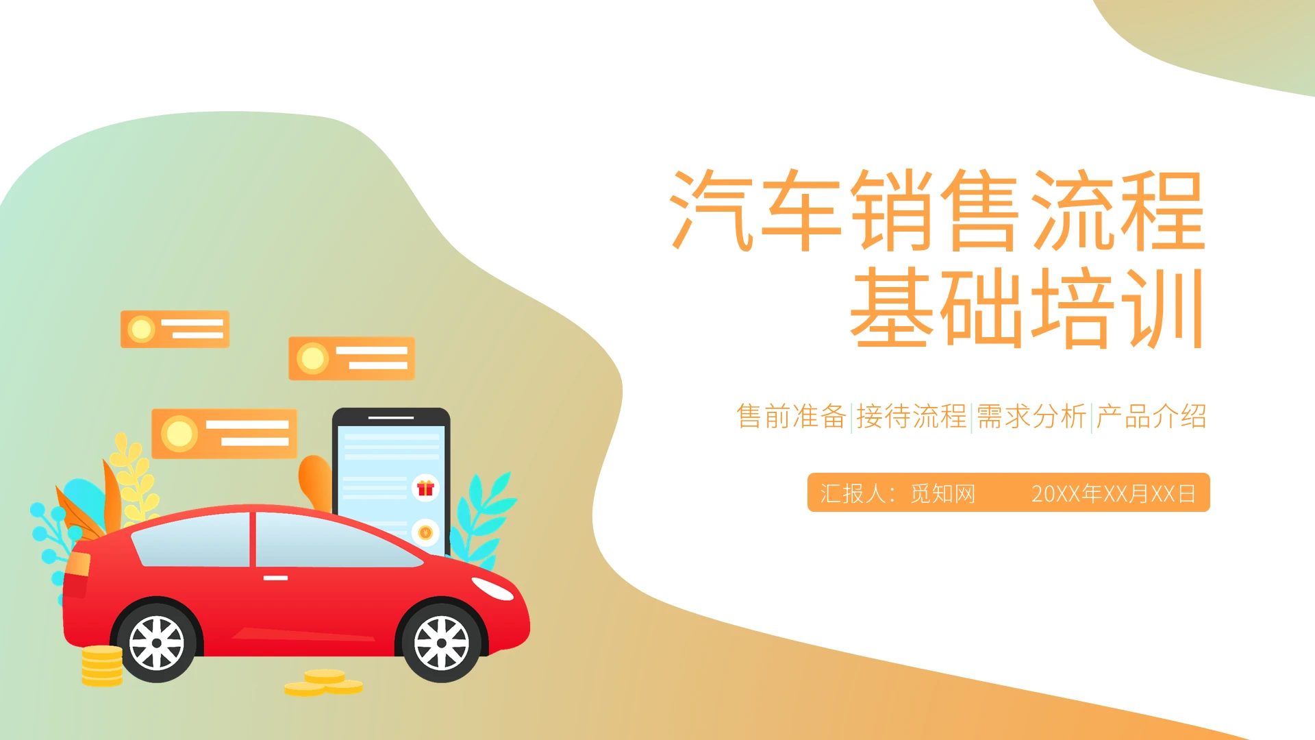 橙色手绘风商务简约汽车销售流程基础培训PPT模板PPT课件