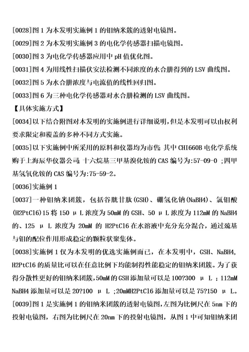 铂纳米团簇及制备方法、由铂纳米团簇修饰的电化学传感器及制备方法和应用的制作方法