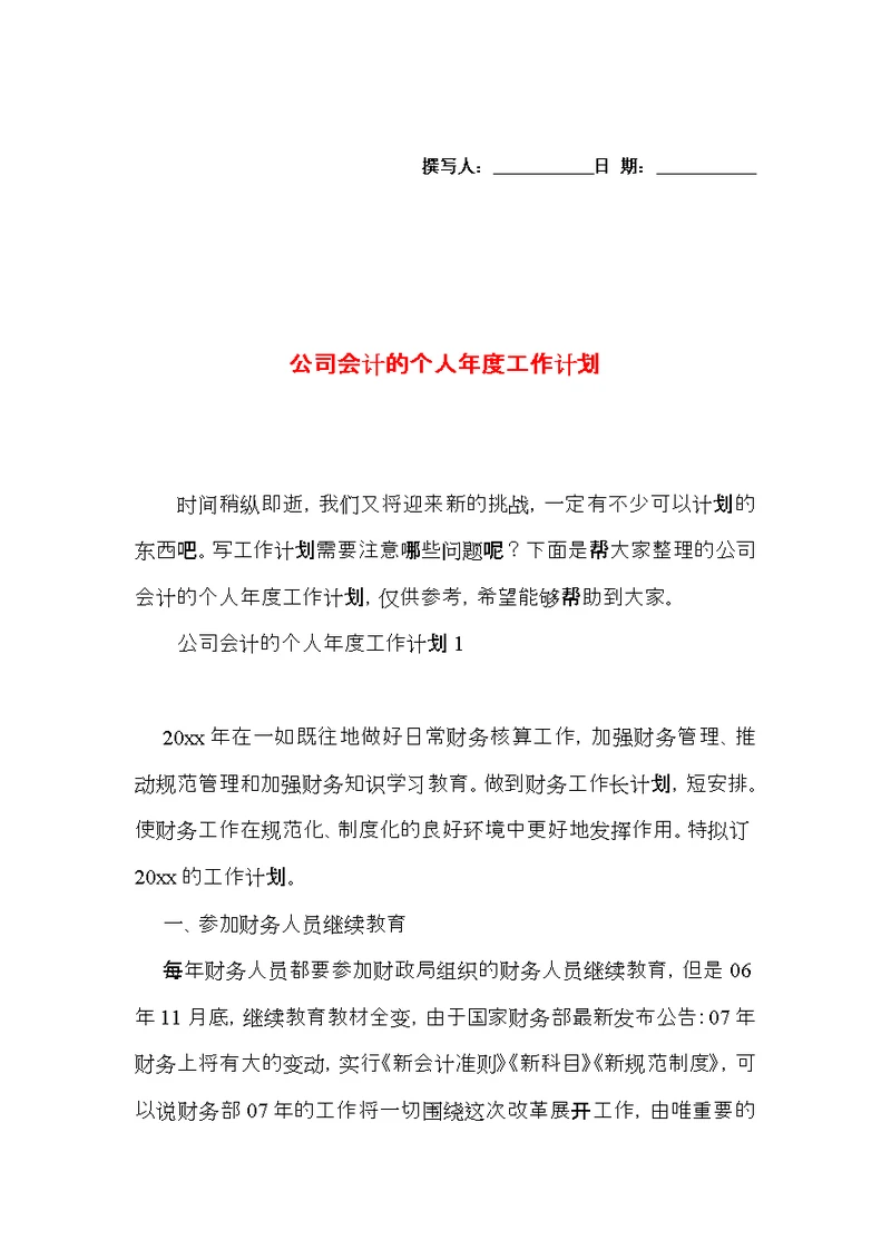 公司会计的个人年度工作计划
