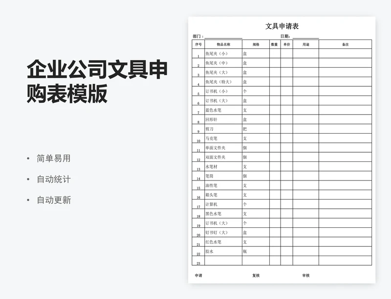 企业公司文具申购表模版