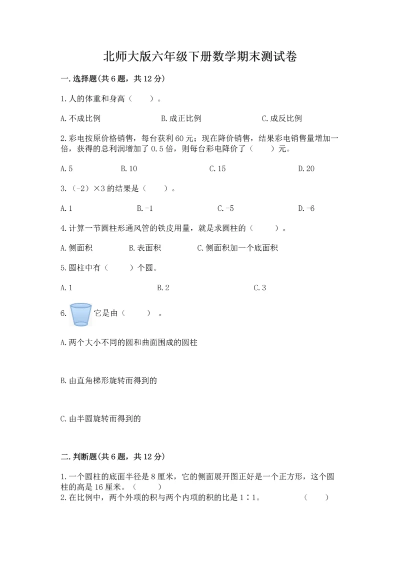 北师大版六年级下册数学期末测试卷及参考答案【培优b卷】.docx