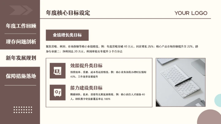 棕色扁平简约年终总结通用PPT模板