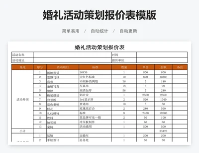 婚礼活动策划报价表模版
