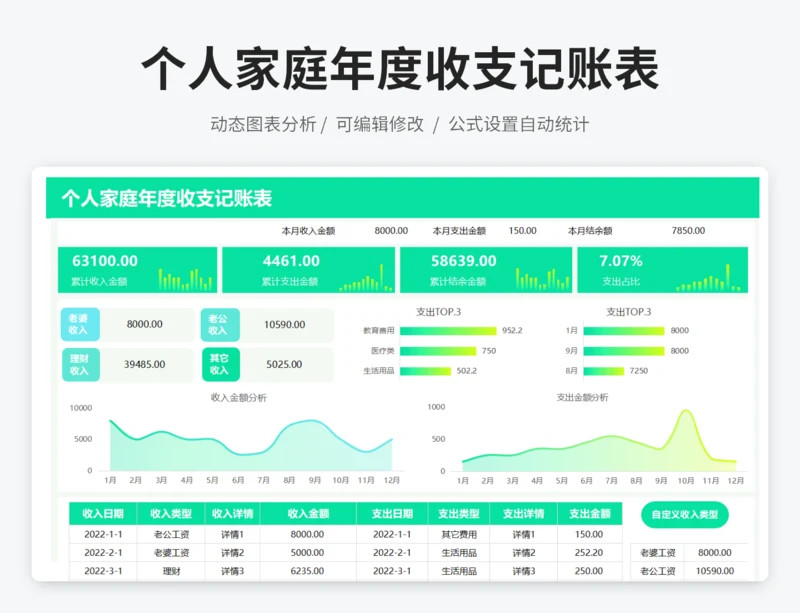 个人家庭年度收支记账表