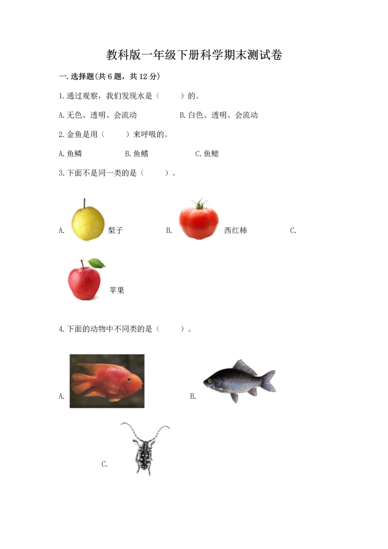 教科版一年级下册科学期末测试卷精品【名校卷】.docx