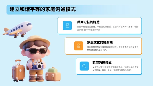 蓝色3D风国庆亲子游攻略PPT模板