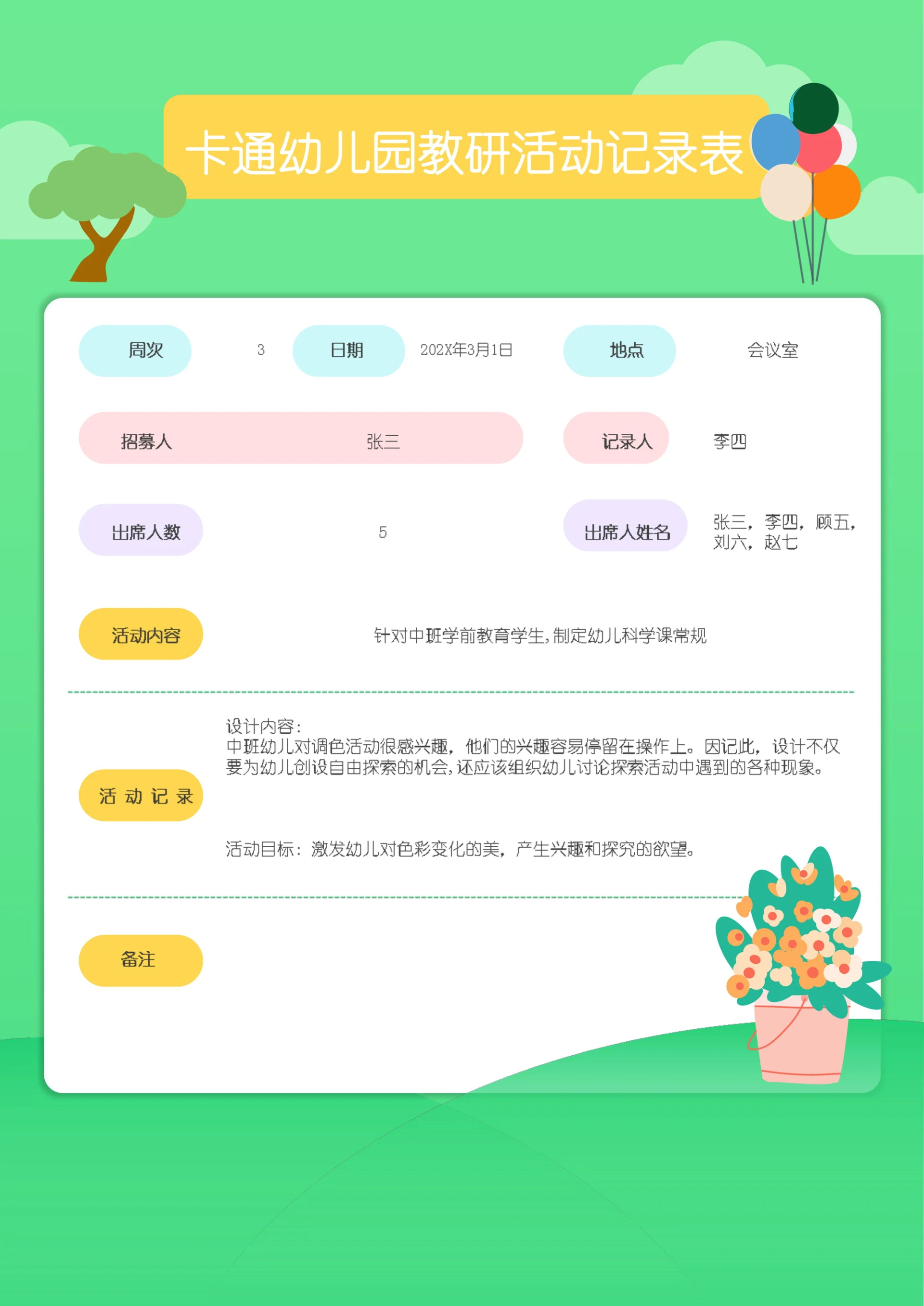 小清新幼儿园教研活动记录表