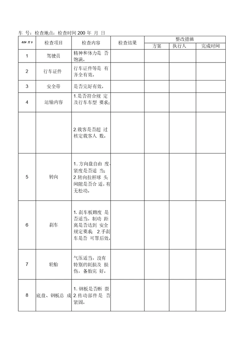 车辆安全检查表