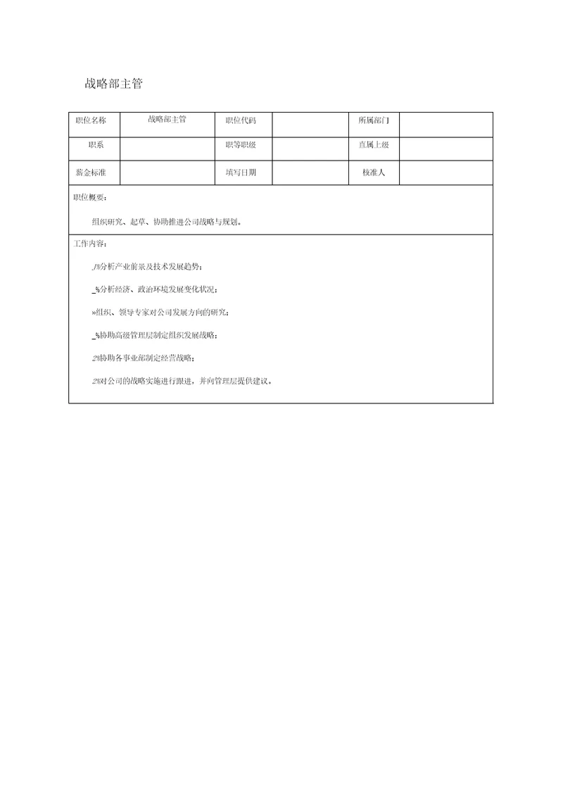 战略部主管职位说明书